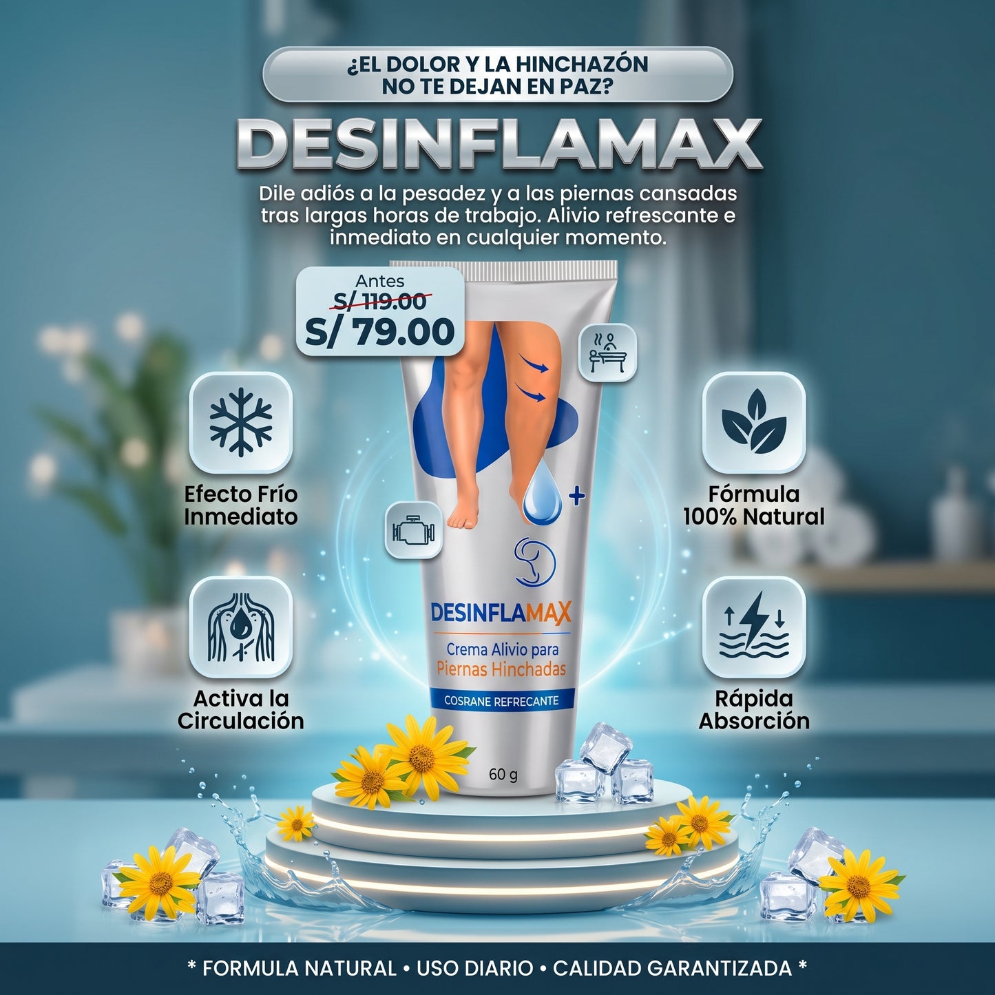 DESINFLAMAX™ – Crema Alivio Inmediato para Piernas Cansadas y Pesadas (60g)